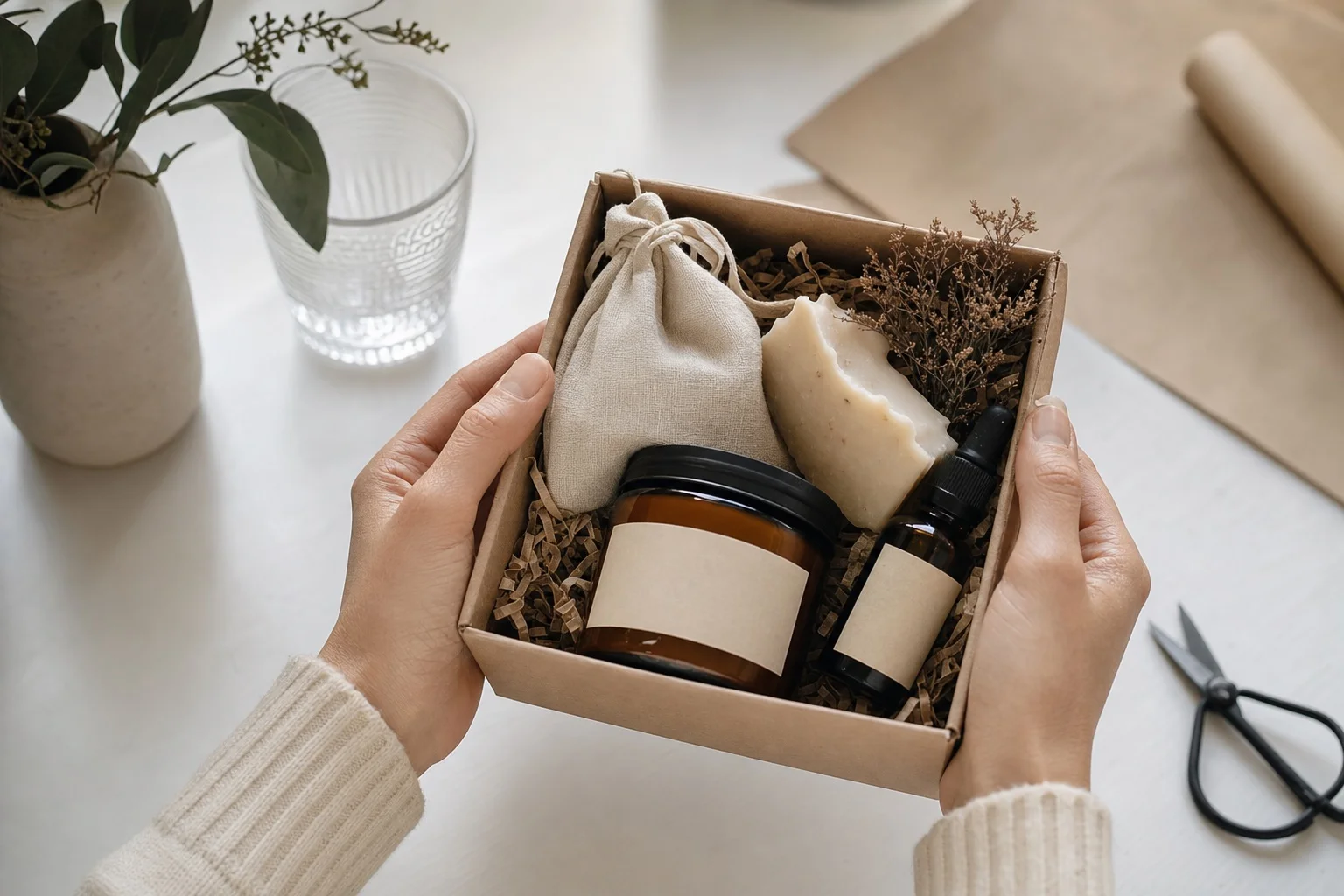 Merchant hands packaging a curated subscription bundle box ready to ship to customers