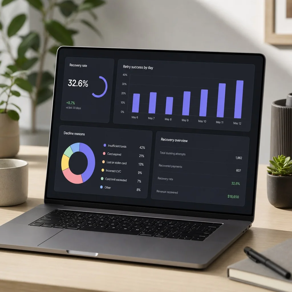 A clean analytics dashboard on a laptop showing dunning recovery rates, retry success by day, and decline reason breakdown