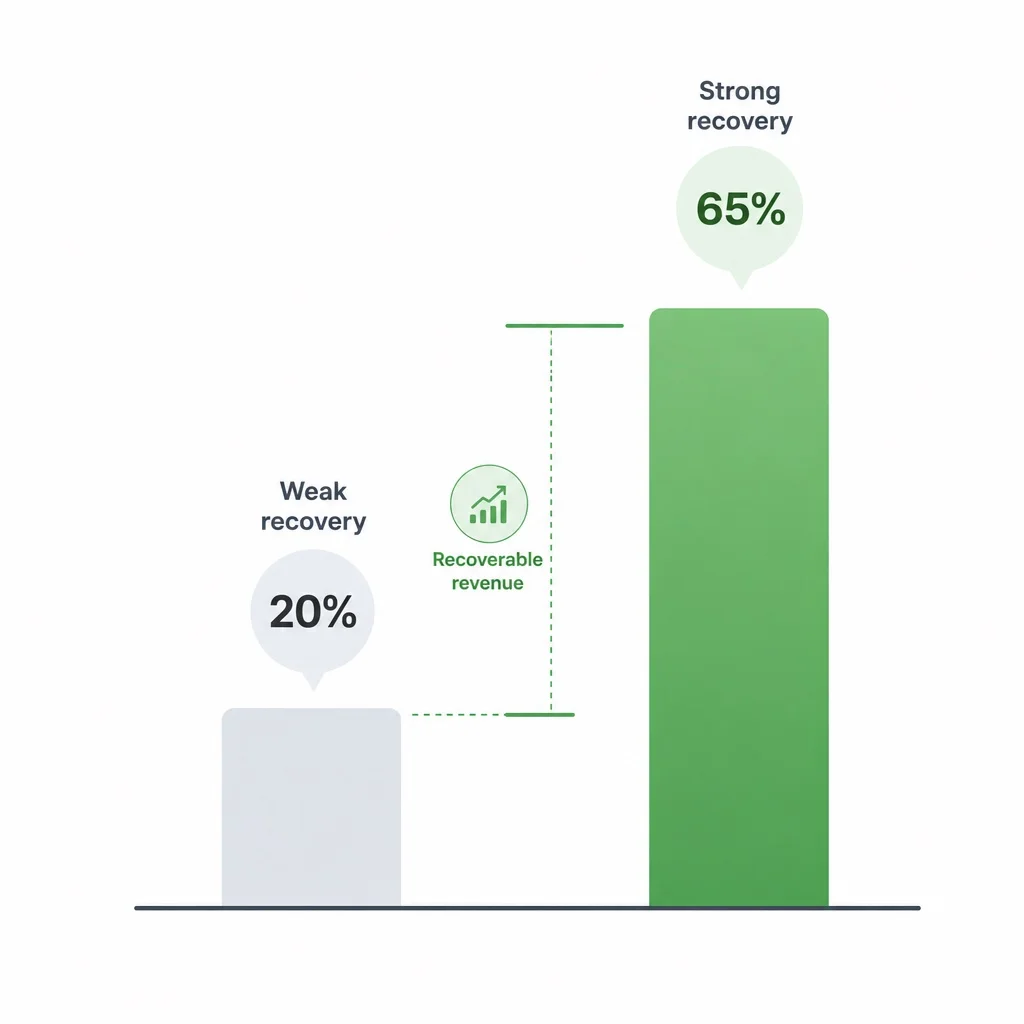 A clean comparison showing two columns — "Weak dunning: 20% recovery" short and "Strong dunning: 65% recovery" tall — with a highlighted bracket between them labeled "Recoverable revenue," minimal editorial infographic on white background