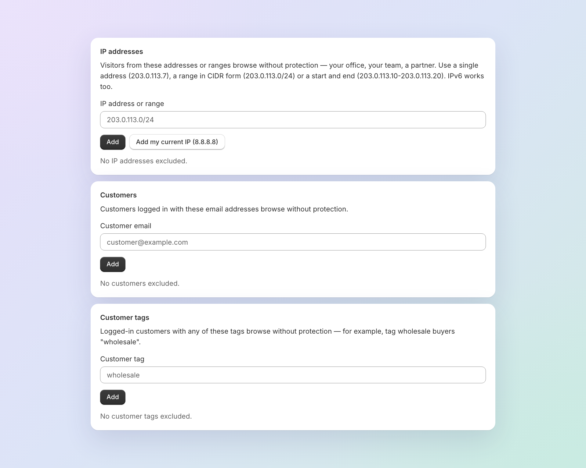 The Exclusions page in Right Click Defender