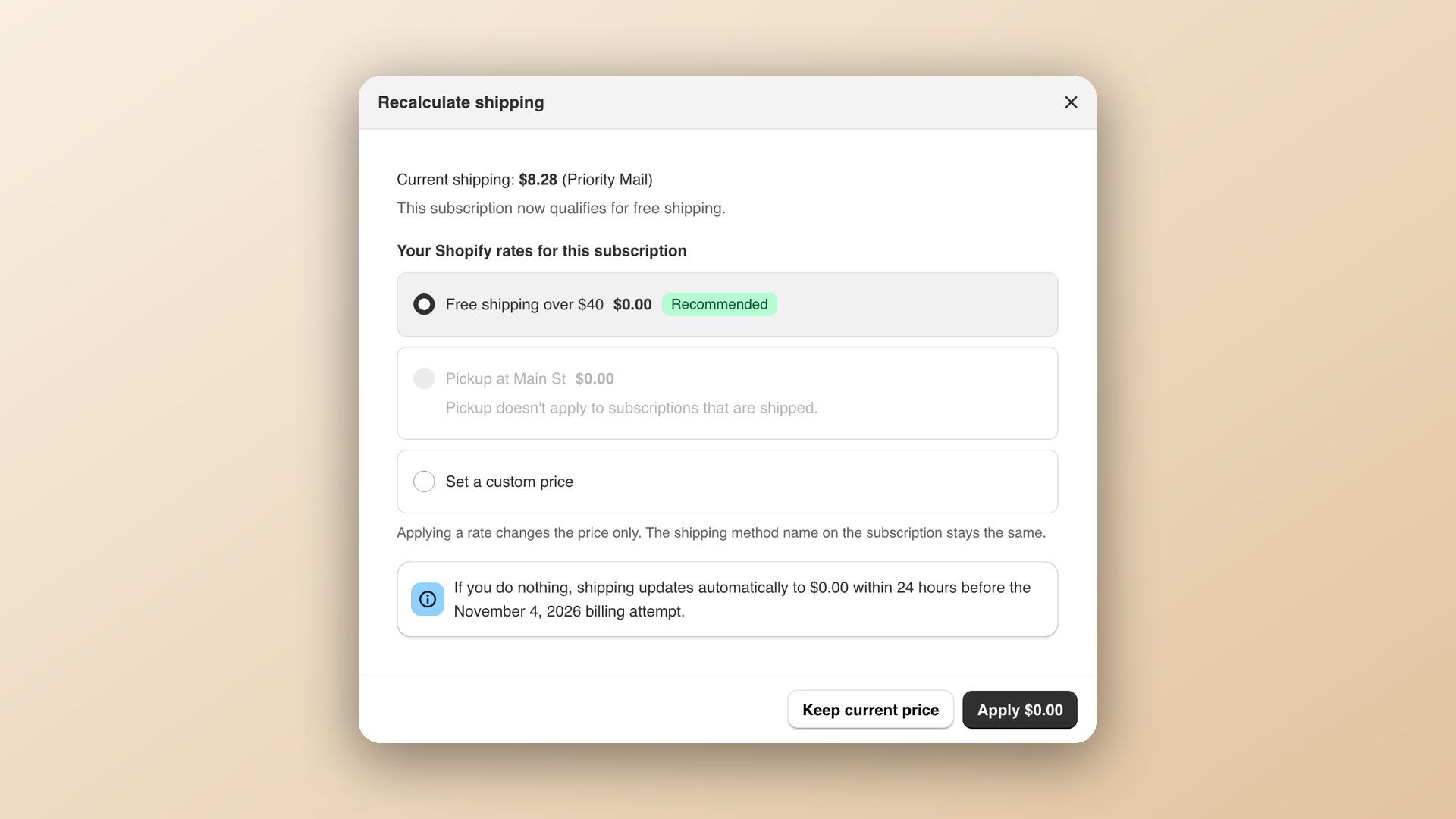 The Recalculate shipping window showing live Shopify rates for a subscription