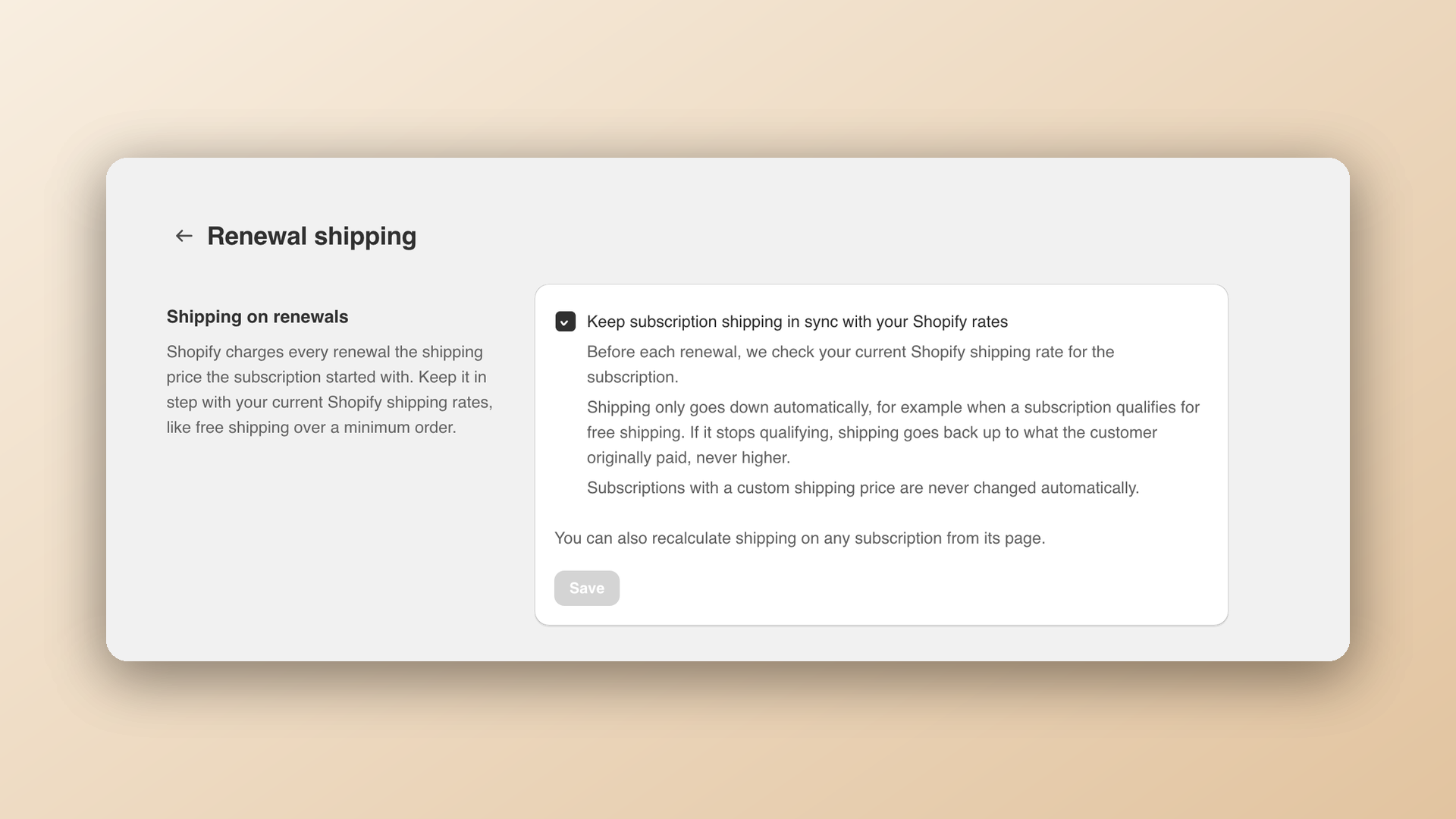 The Renewal shipping settings page